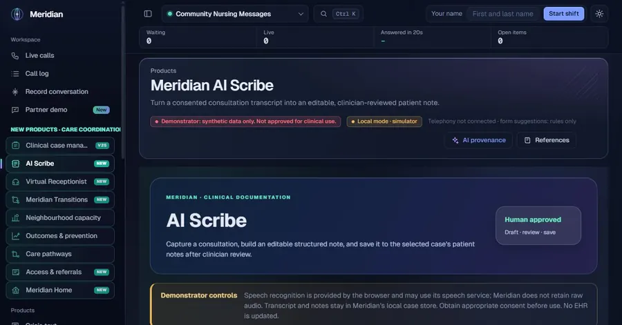 Meridian AI Scribe local demonstrator interface