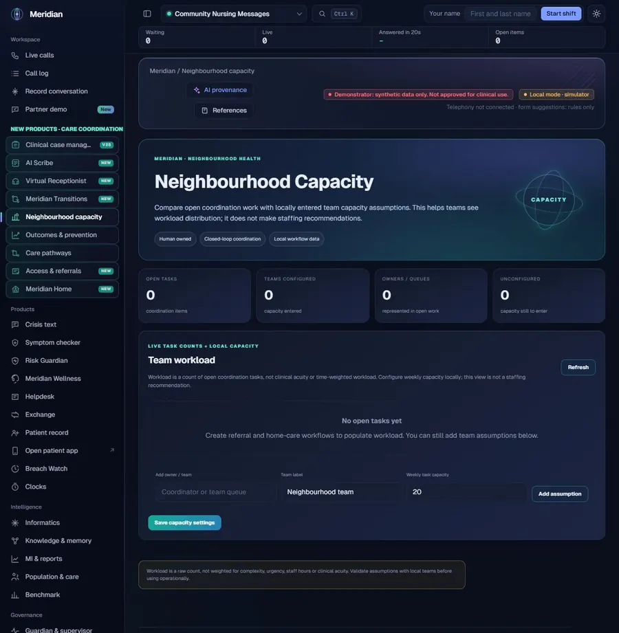 Meridian Neighbourhood Capacity local demonstrator interface