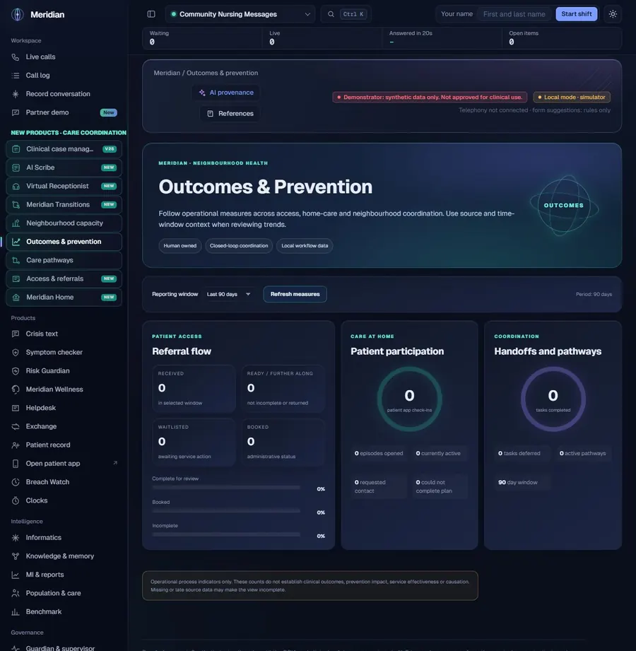 Meridian Outcomes & Prevention local demonstrator interface