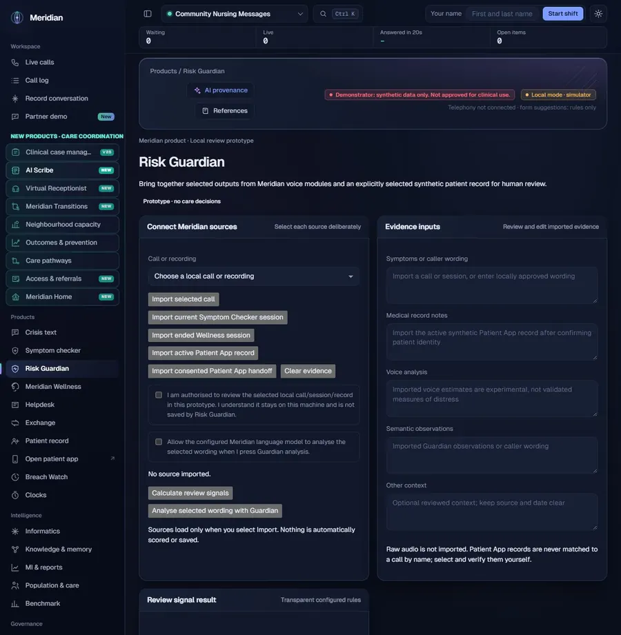 Meridian Risk Guardian local demonstrator interface