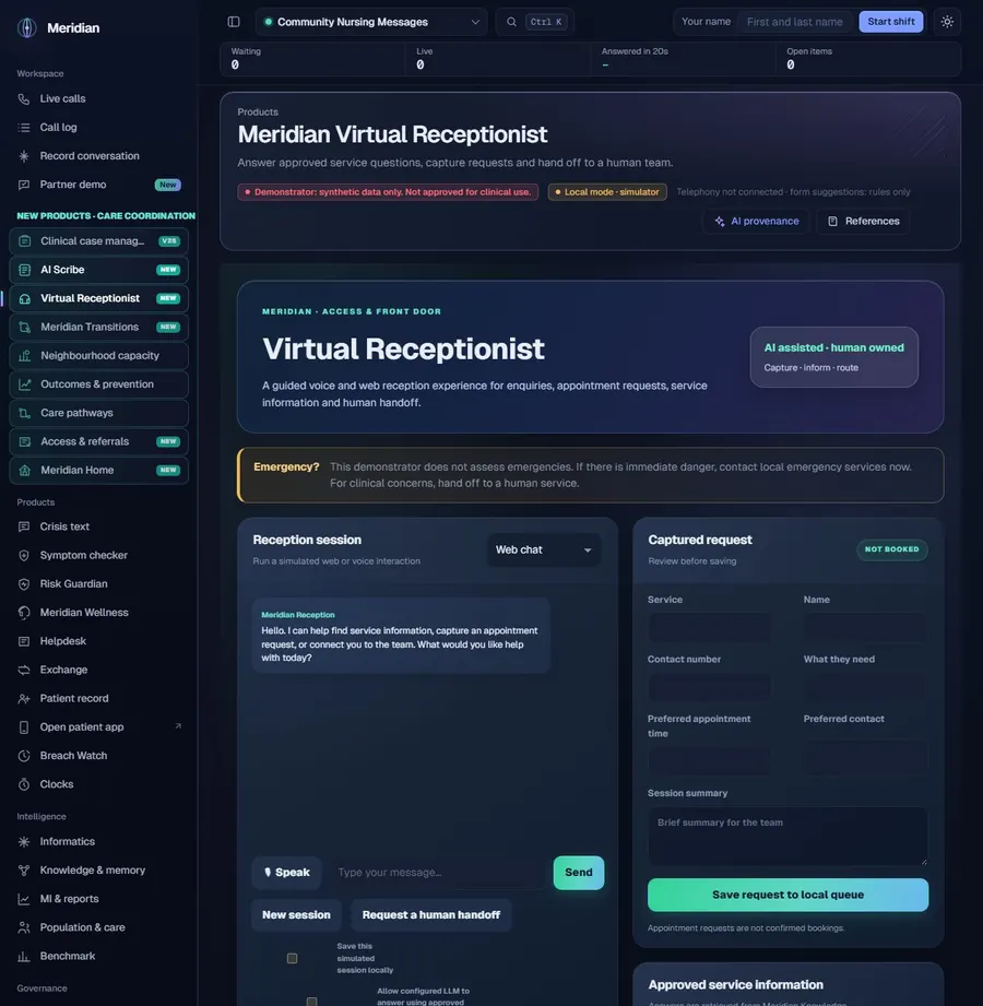 Meridian Virtual Receptionist local demonstrator interface